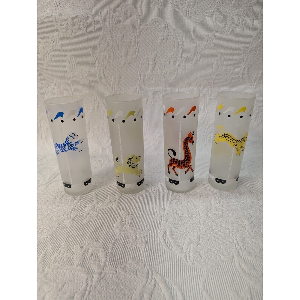 Vintage MCM Libby “Circus Carousel” 4 Frosted Glasses Tom Collins Animals Flag